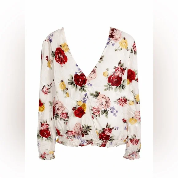 Candie's Floral Blouse XL Long Sleeve V-Neck Boho Cream Top - Picture 2 of 3